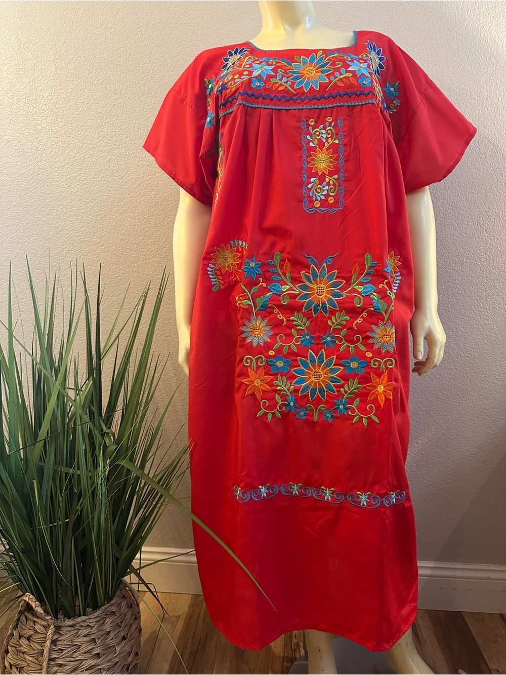 2XL-3XL-5XL Red Embroidered Floral Mexican Maxi Dress